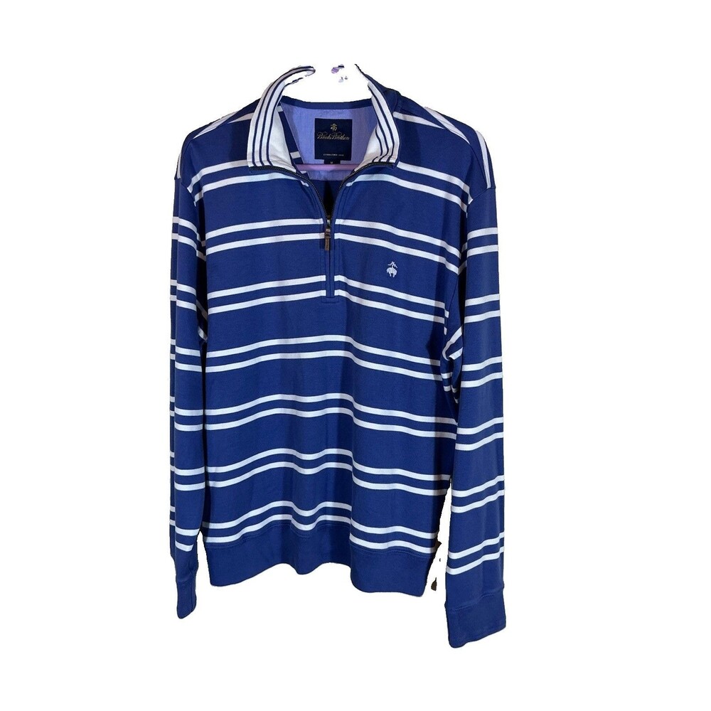 Brooks Brothers Men’s M Blue White Striped 1/4 Zip Collared Knit Cotton Sweater